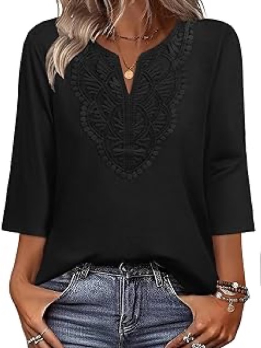 Black Women's Embroidered V-Neck Top
